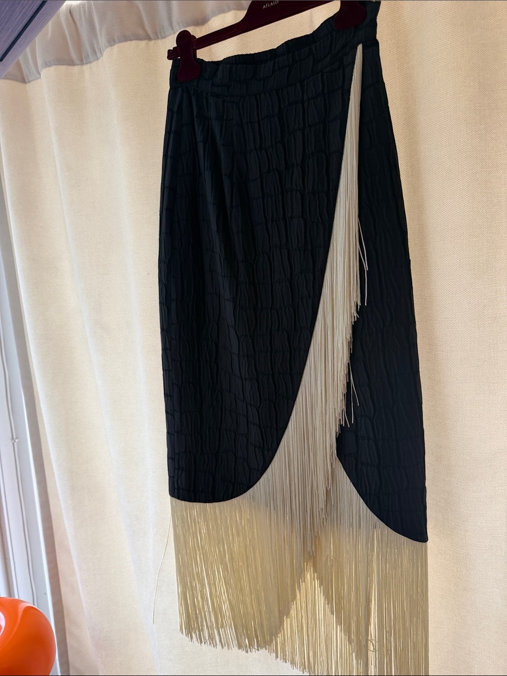 Black Midi Skirt with Cream Fringe Accent